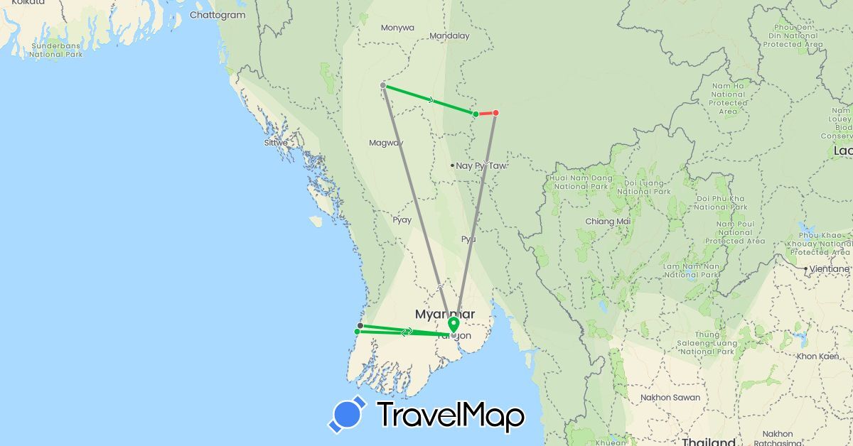 TravelMap itinerary: driving, bus, plane, hiking, motorbike in Myanmar (Burma) (Asia)